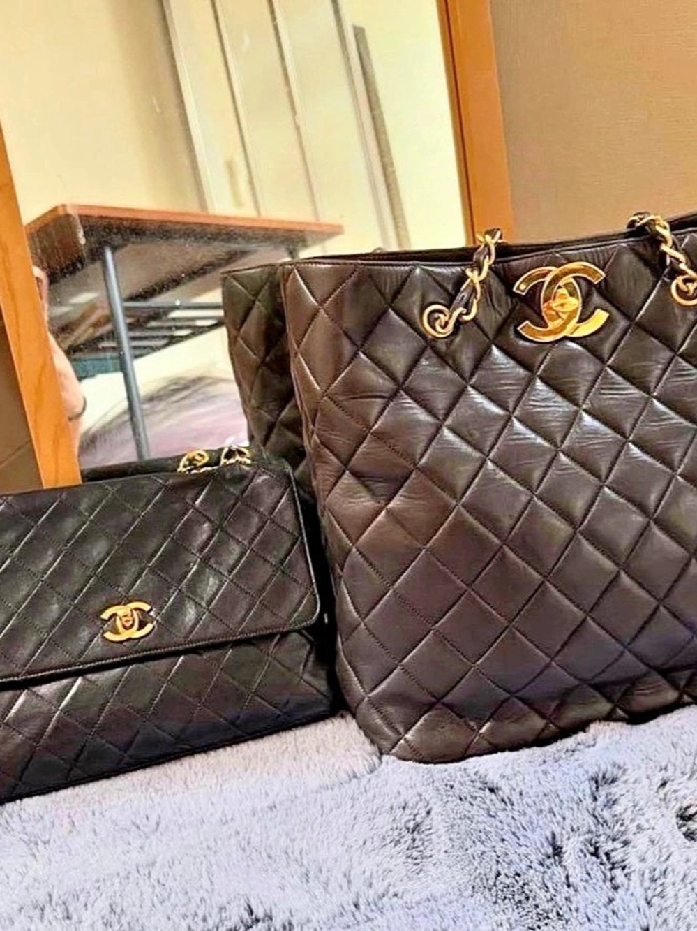 Chanel Vintage Quilted Leather CC Turnlock Chain Tote Bag Black